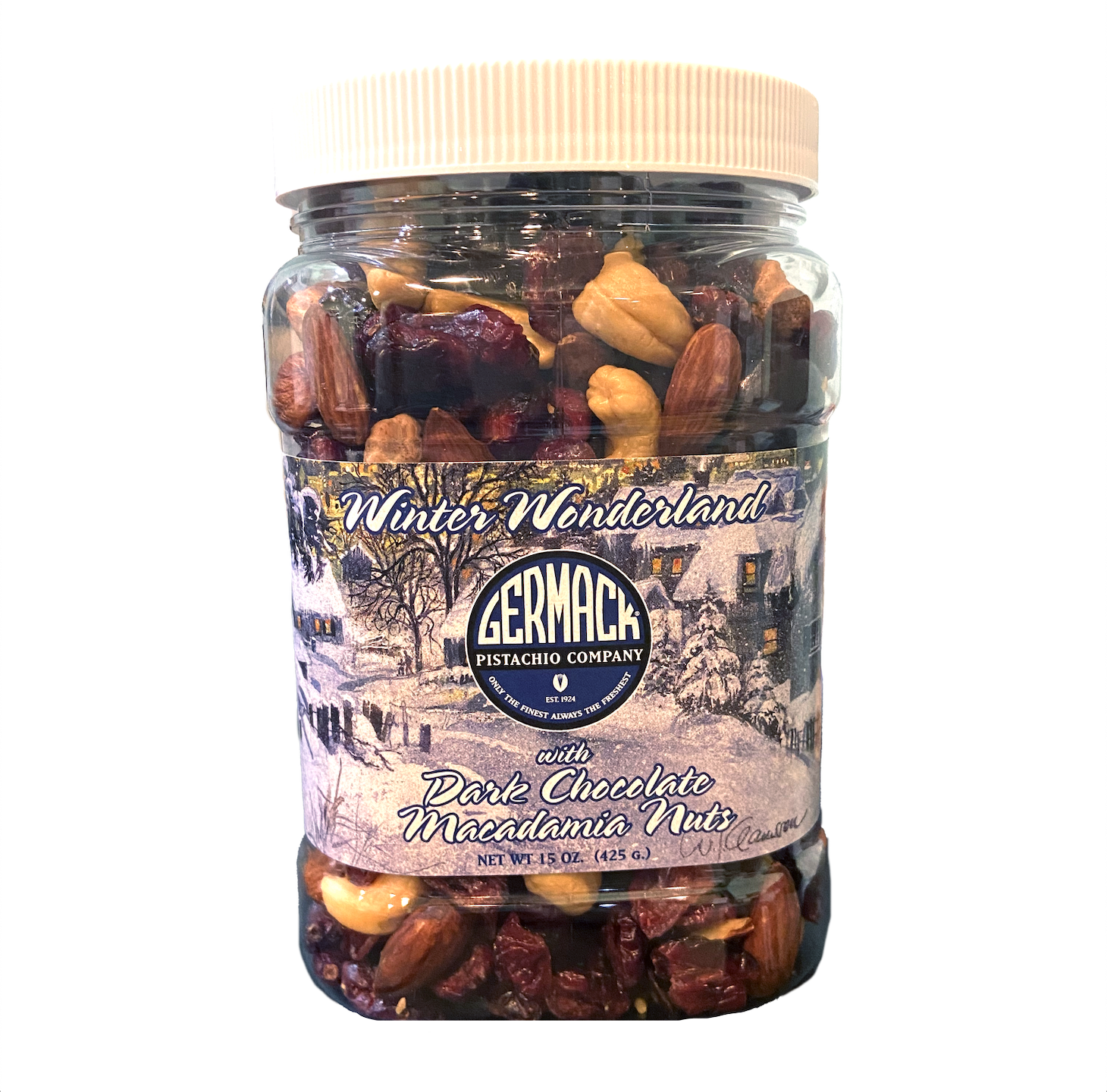 Picture Winter Wonderland with Dark Chocolate Macademia Nuts 15oz Jar
