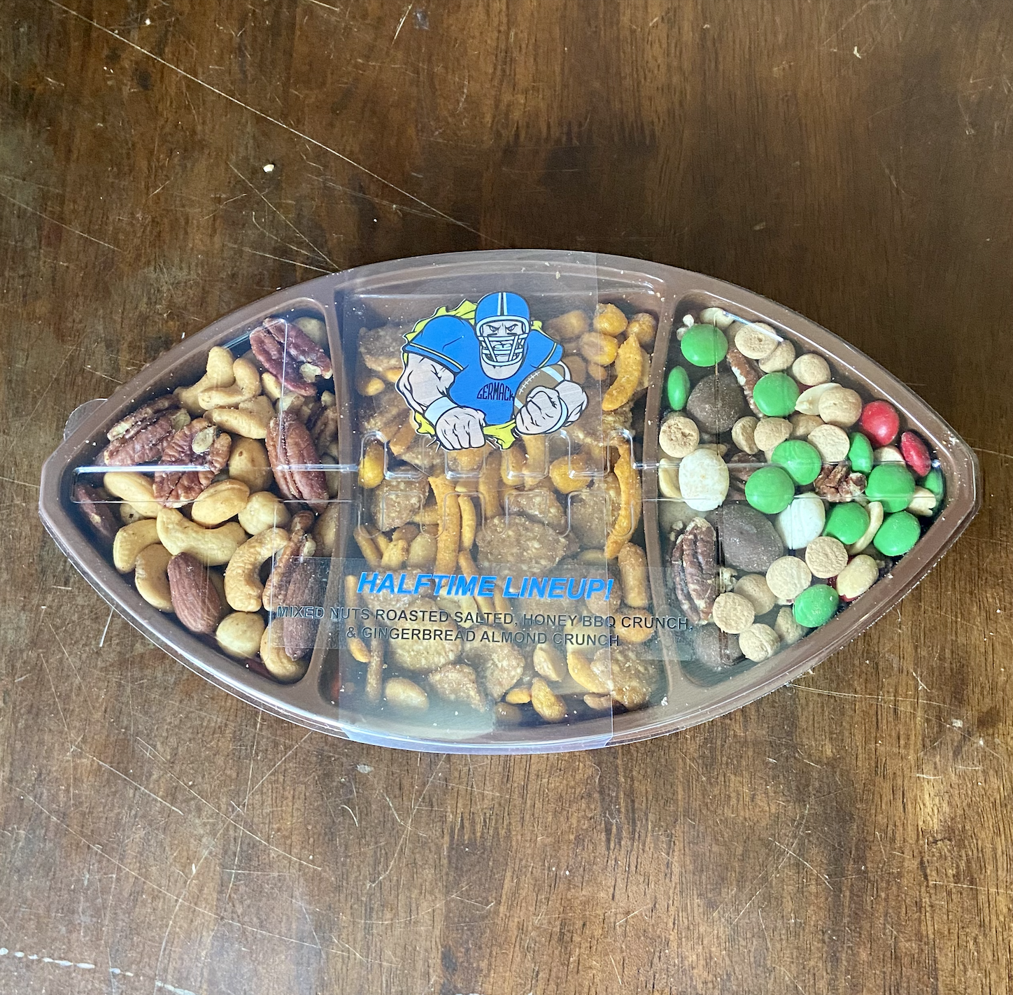 Picture Halftime Lineup Football Tray (Mixed Nuts, Honey BBQ Crunch, Gingerbread Almond Crunch)
