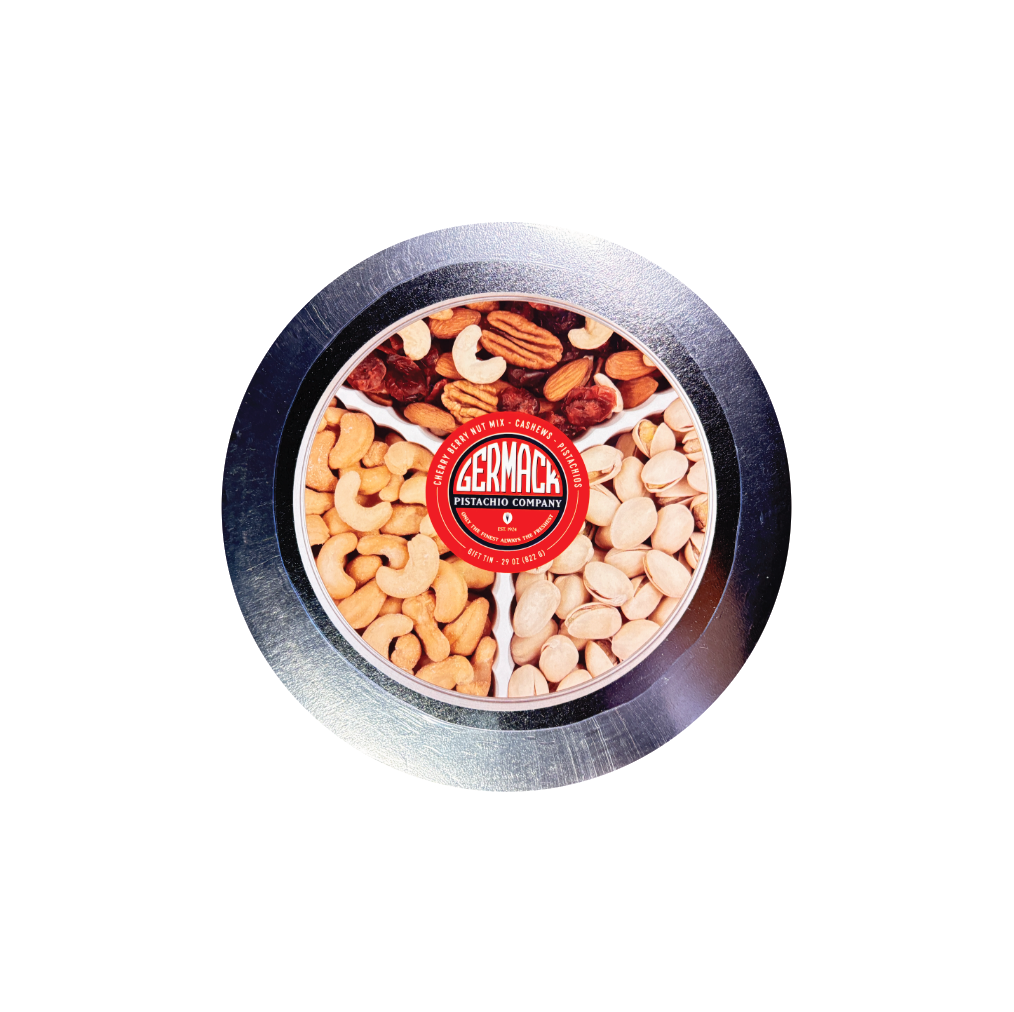 Picture Silver Premium Nut Tin - Pistachios, Cashews & Cherry Berry Nut Mix - 29oz 