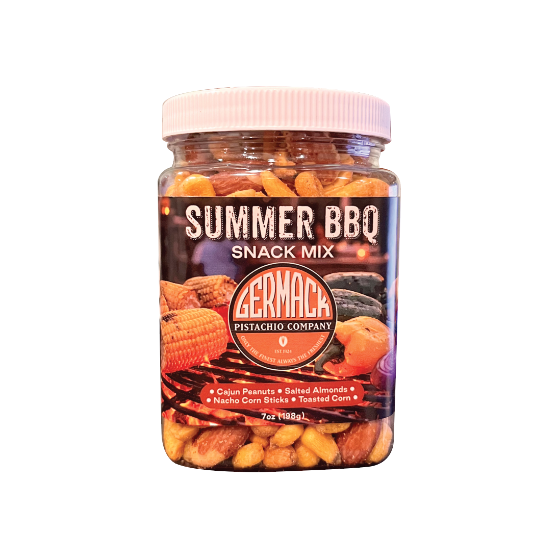 Picture Summer BBQ (Cajun Peanuts, Salted Almonds, Nacho corn Sticks, Toasted Corn) Mini Jar - 7oz