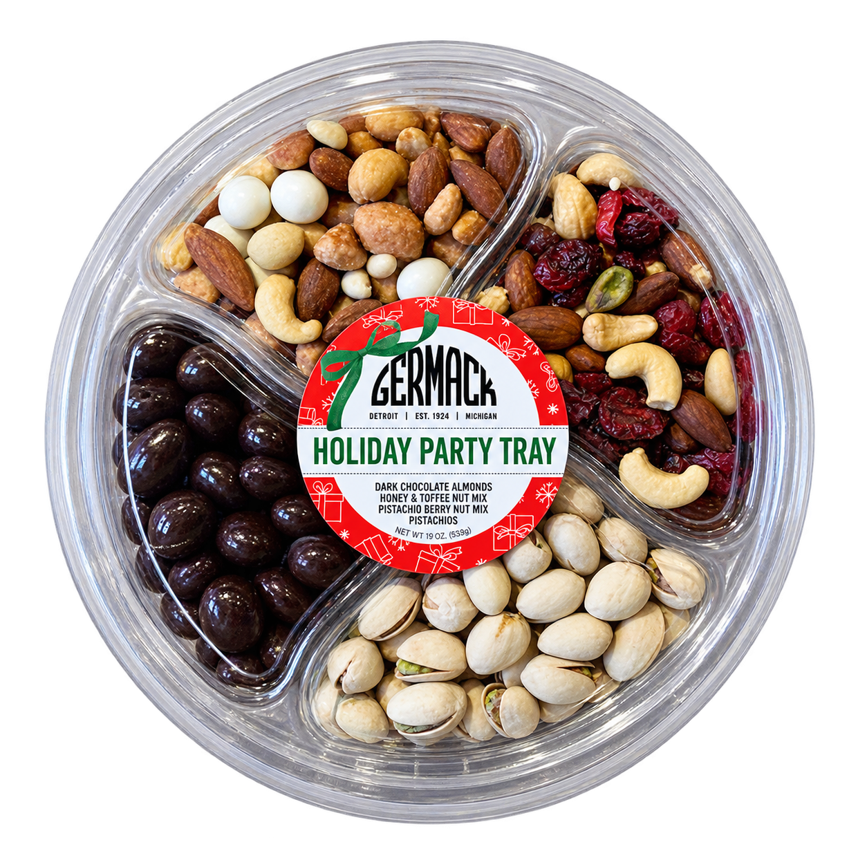 Picture Holiday - Party Tray 8” - (Dark Chocolate Almonds, Pistachios, Pistachio Berry Nut Mix & Honey Nut & Toffee Mix) - 19oz