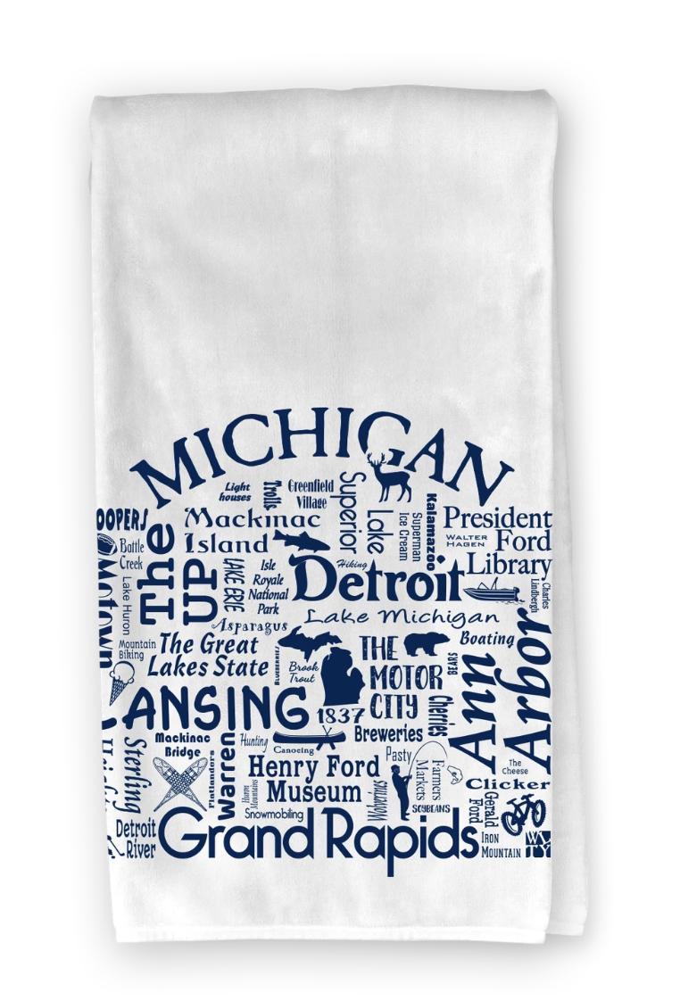 Picture Where Life Takes You - Michigan Destination Tea Towel - White & Navy Blue