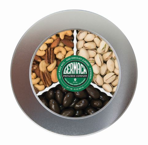 Picture Silver Executive Nut Tin - with Pistachios, Dark Chocolate Almonds and Fancy Mixed Nuts 32oz